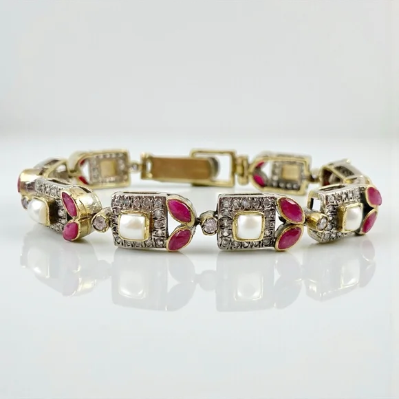 Vintage Mughal Revival Bracelet, Natural Ruby Pearl Diamond Gold Vermeil, Indian - Picture 3 of 11